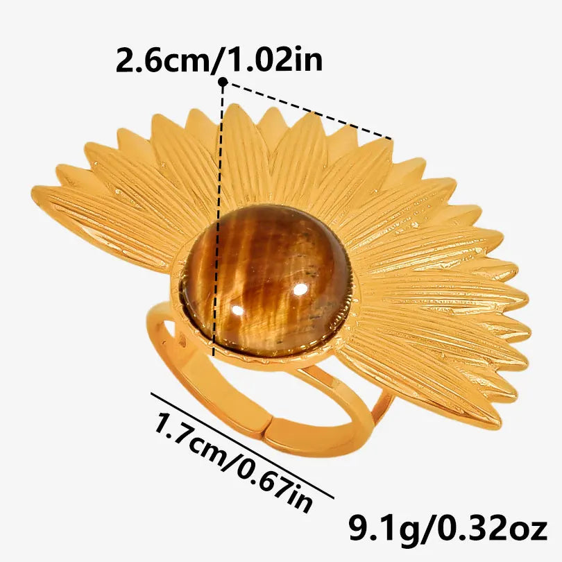 خاتم من حجر عين النمر الحقيقي على شكل قلب الشمس من الفولاذ المقاوم للصدأ، خواتم مفتوحة للنساء والرجال، إكسسوارات مجوهرات عتيقة مطلية بالذهب الحقيقي