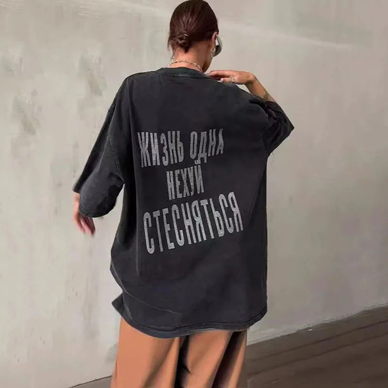 تي شيرت صيفي كبير الحجم كاجوال من الألماس، تي شيرت فضفاض من هاراجوكو، تي شيرت مطبوع عليه حروف للنساء