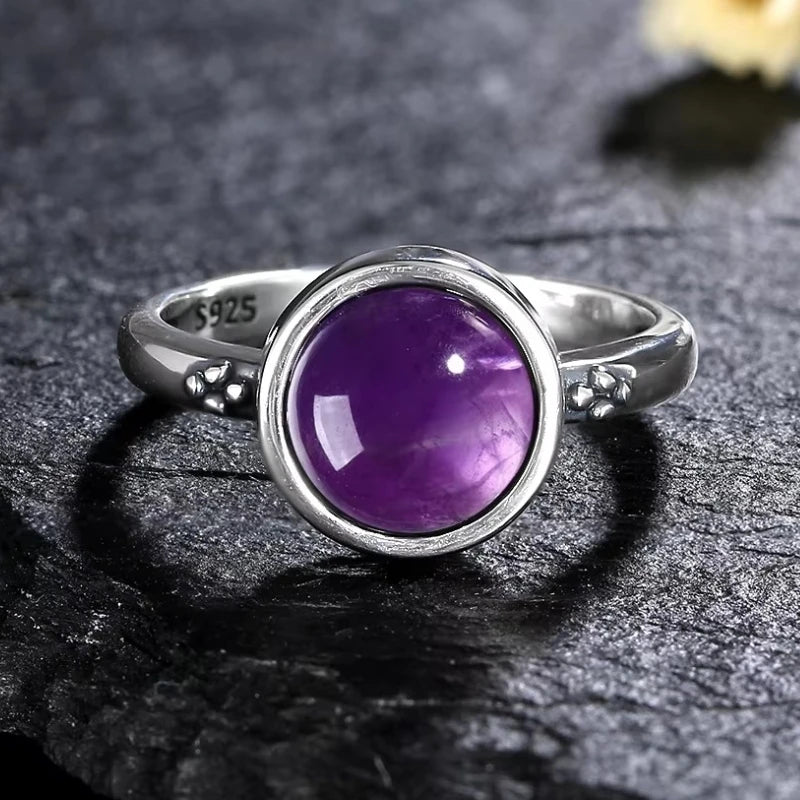 خواتم عتيقة من الفضة الإسترليني عيار 925 مرصعة بحجر الجمشت الطبيعي، بتصميم زهرة، مجوهرات فضية فاخرة بتصميم كلاسيكي، هدايا مثالية للحفلات للنساء والرجال