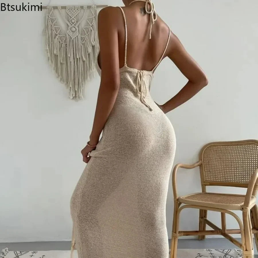 2025 Women's Summer Sexy Halter Dress Solid Color Tie-Up Backless Sleeveless Bodycon Long Knit Dress For Beach Party Vestidos