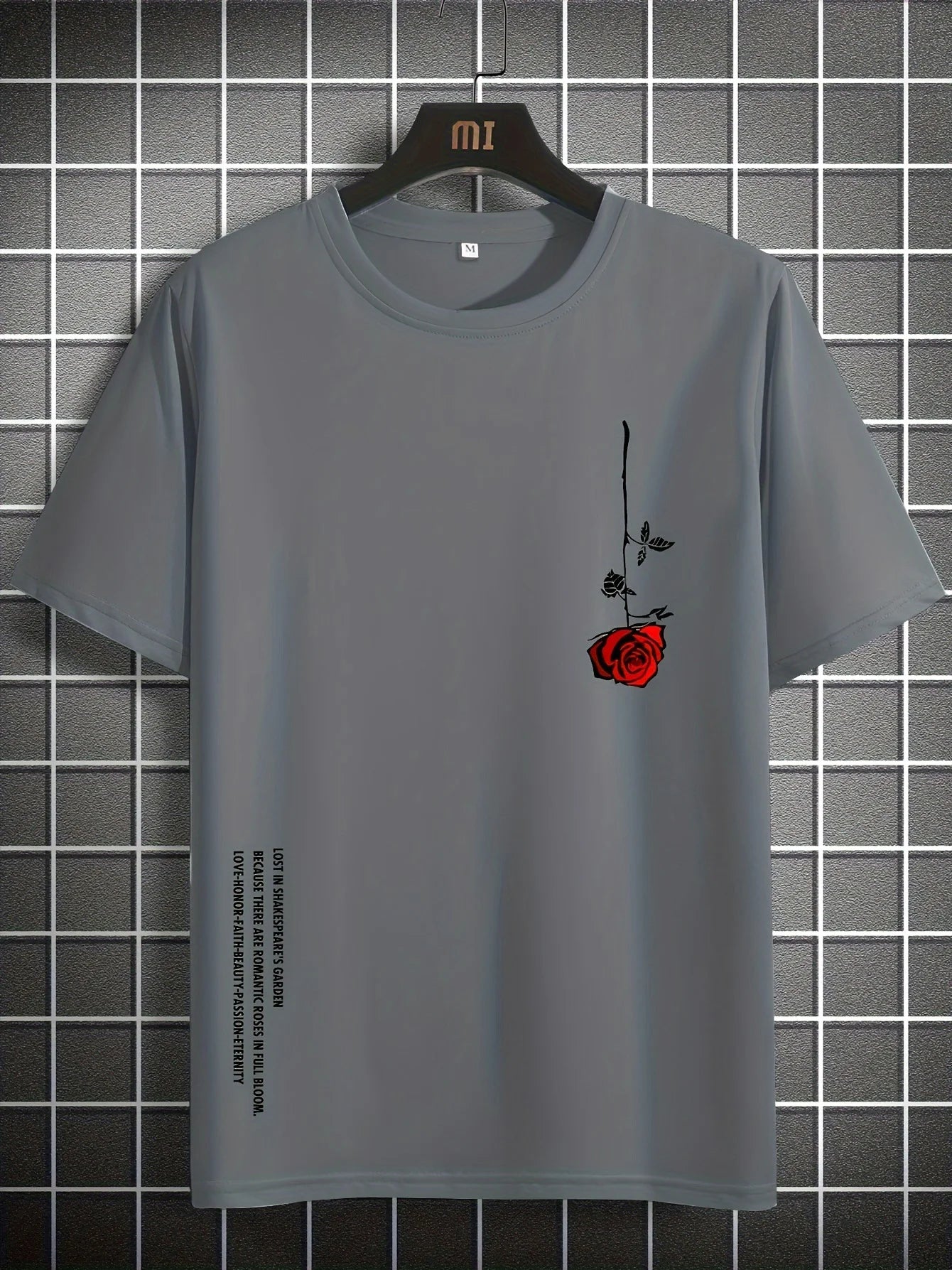 تيشيرت رجالي صيفي فضفاض، مصنوع من القطن بنسبة 100%، بطبعة ورود، بقصة ضيقة، وياقة دائرية، وأكمام قصيرة.