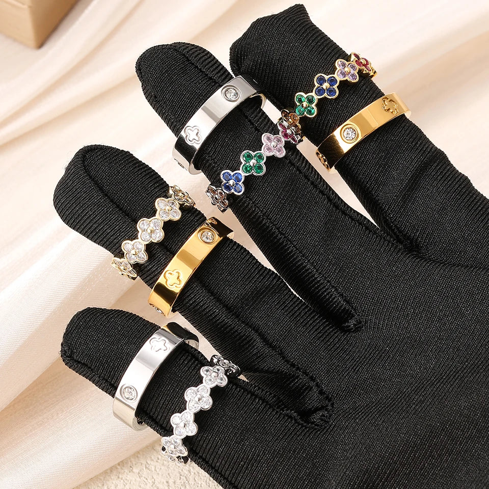 مجموعة خواتم زركون بتصميم زهرة رباعية الأوراق من يوبسك، قطعتان، مصنوعة من الفولاذ المقاوم للصدأ، هدية مثالية للخطوبة