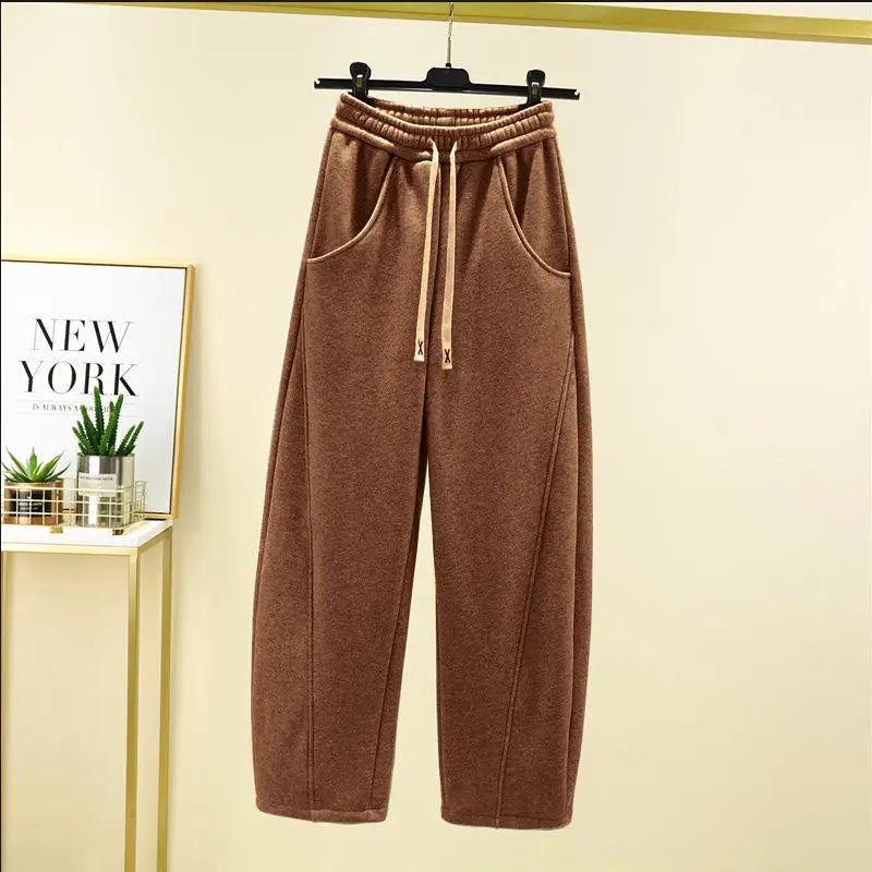 Autumn Winter New Fashion Elastic Waist Drawstring Solid Corduroy Women's Clothing Pockets Loose Casual Trend Y2K Straight Pants