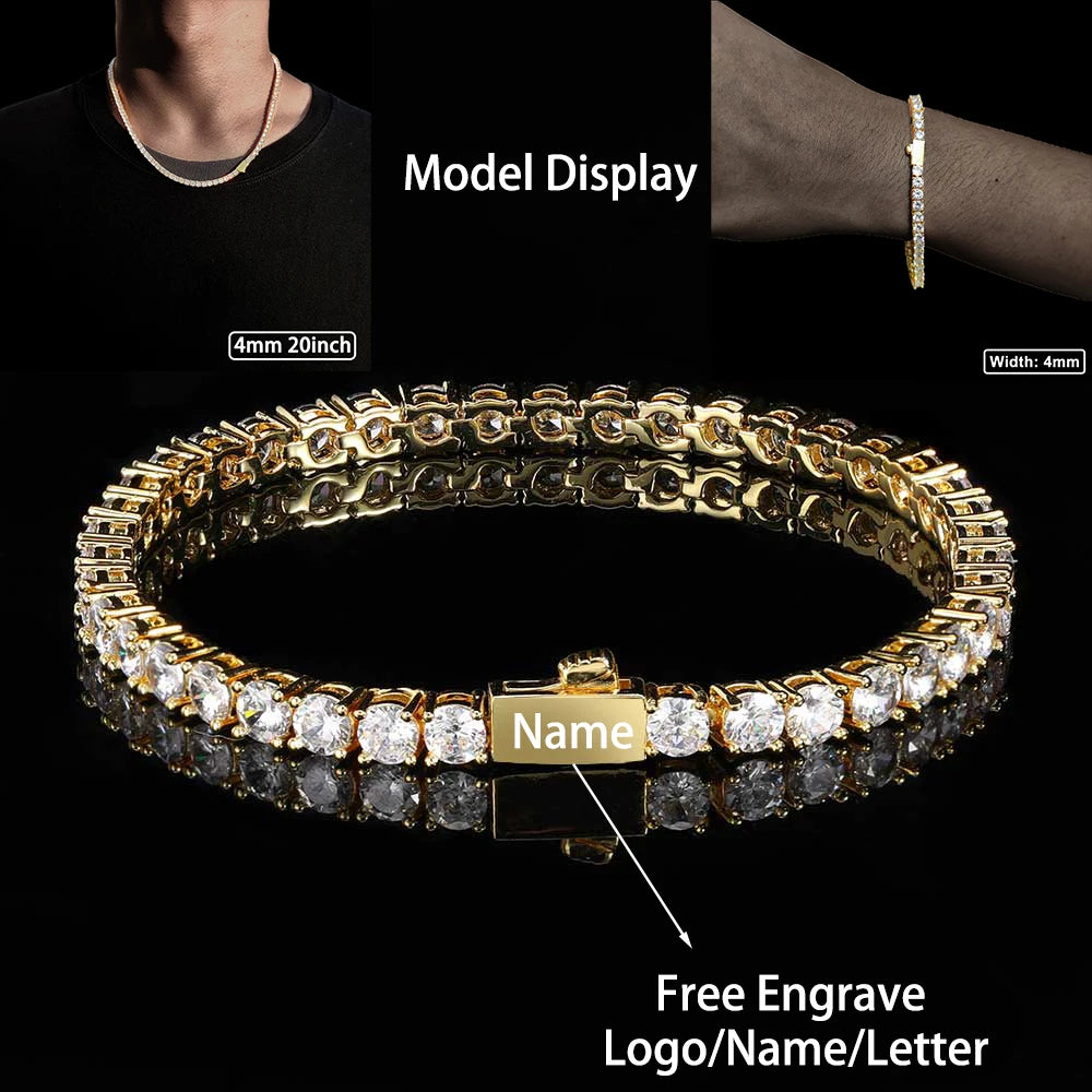 قلادة من مادة النحاس والزركون اللامع بطول 3 مم و4 مم و5 مم، سلسلة تنس من صف واحد، للرجال والنساء، مجوهرات مثلجة، نقش مجاني للاسم