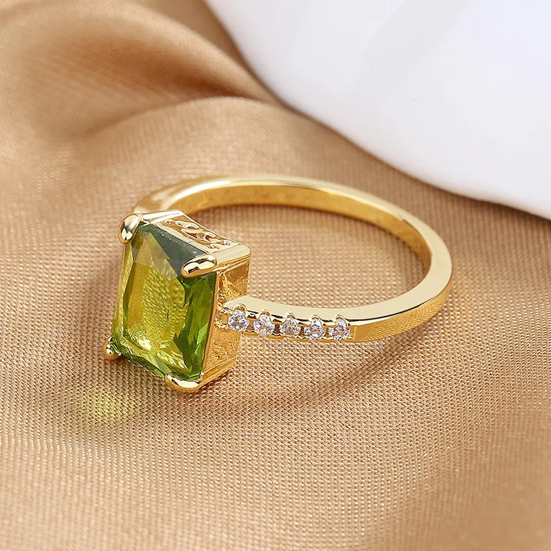Princess Cut Olive Green Stone Square Rings For Women Antique Gold Color Geometric Zircon Wedding Bands Promise Engagement Ring