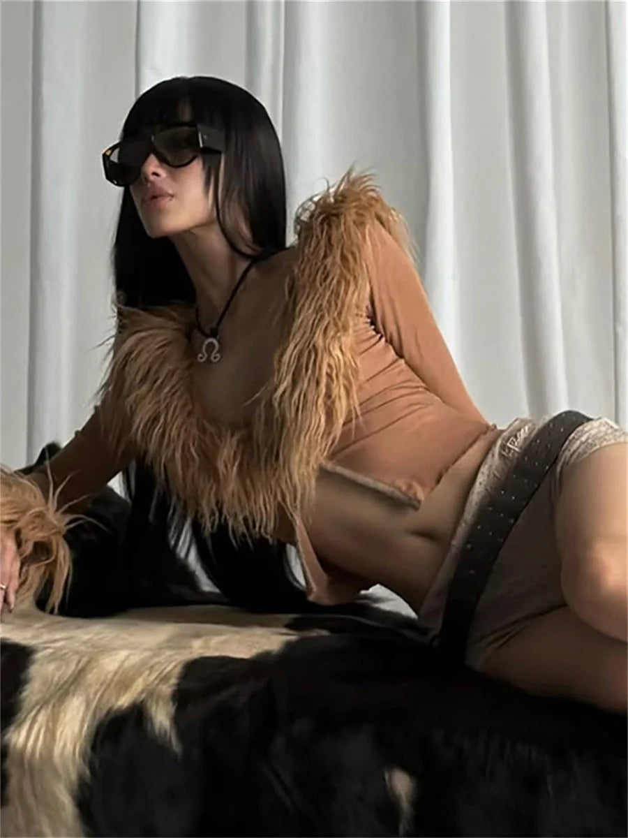 قميص Nibber Hottie المثير ذو المرقعة الفروية للنساء، رقبة على شكل حرف V وأكمام طويلة ومشبك معدني، قميص Wild Midnight Stretch Skinny Street Club