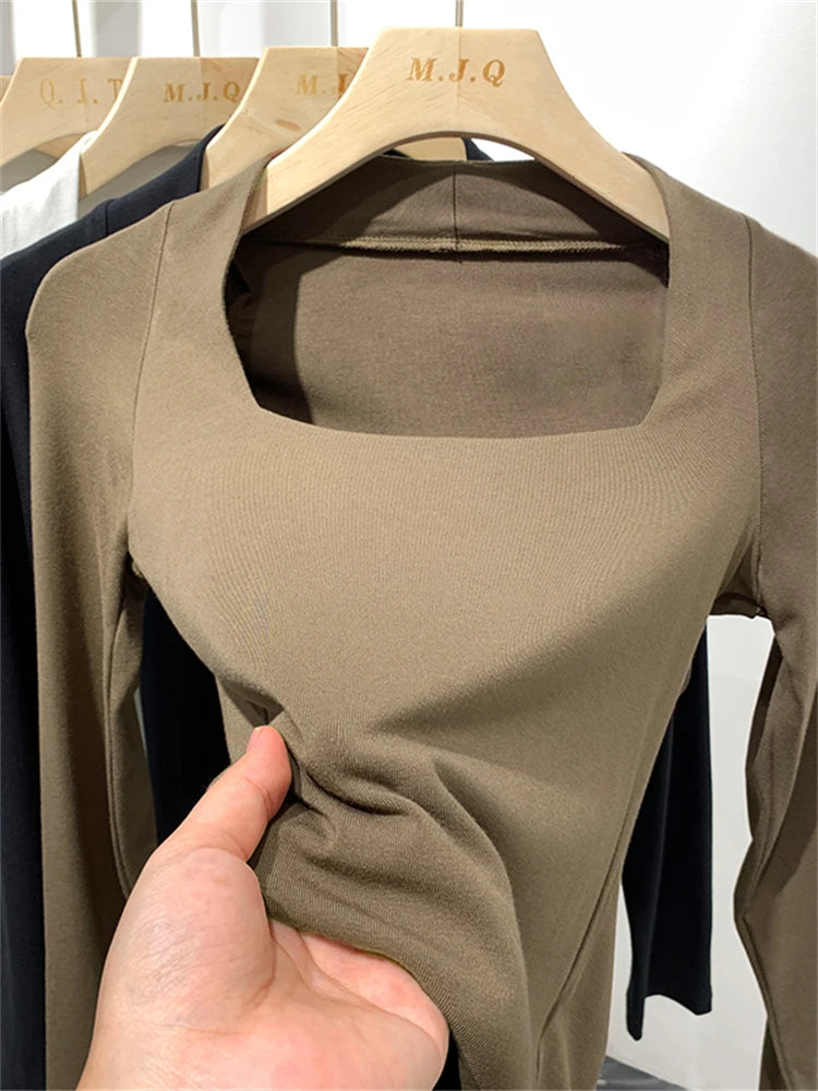 تي شيرت نسائي مرن تي شيرت صيفي ملابس نسائية قميص ربيعي مثير تي شيرت نحيف نسائي قطني بأكمام طويلة قطع علوية قصيرة