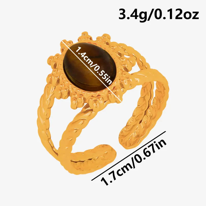 خاتم من حجر عين النمر الحقيقي على شكل قلب الشمس من الفولاذ المقاوم للصدأ، خواتم مفتوحة للنساء والرجال، إكسسوارات مجوهرات عتيقة مطلية بالذهب الحقيقي