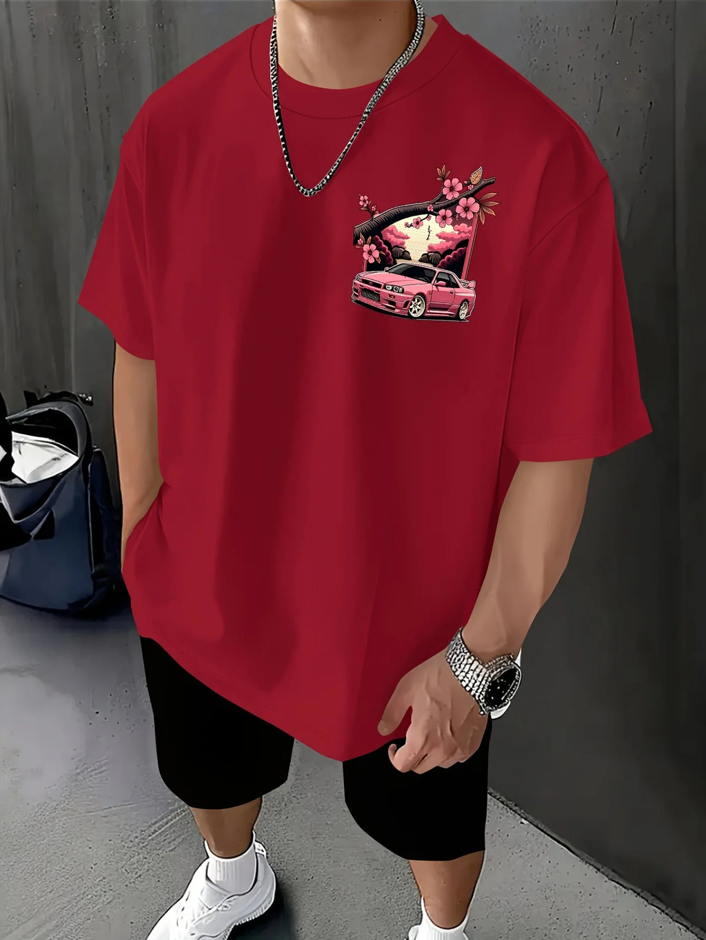 تيشيرت رجالي ياباني برسومات سباقات، تيشيرت ساكورا موتورسبورت، تيشيرت فضفاض بطبعة أزهار الكرز، تيشيرت مطبوع من الخلف، مناسب لفعاليات الانجراف، ملابس الشارع