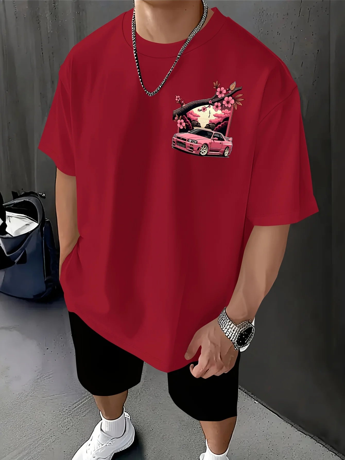 تيشيرت رجالي ياباني برسومات سباقات، تيشيرت ساكورا موتورسبورت، تيشيرت فضفاض بطبعة أزهار الكرز، تيشيرت مطبوع من الخلف، مناسب لفعاليات الانجراف، ملابس الشارع
