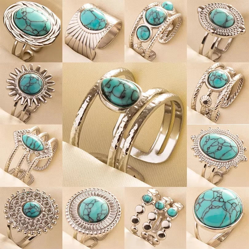 5 قطع من الخواتم الفنية البوهيمية المفتوحة المرصعة بحجر الفيروز الأزرق الفاتح، قابلة للتعديل، مصنوعة من الفولاذ المقاوم للصدأ، هدايا مجوهرات بوهيمية للنساء