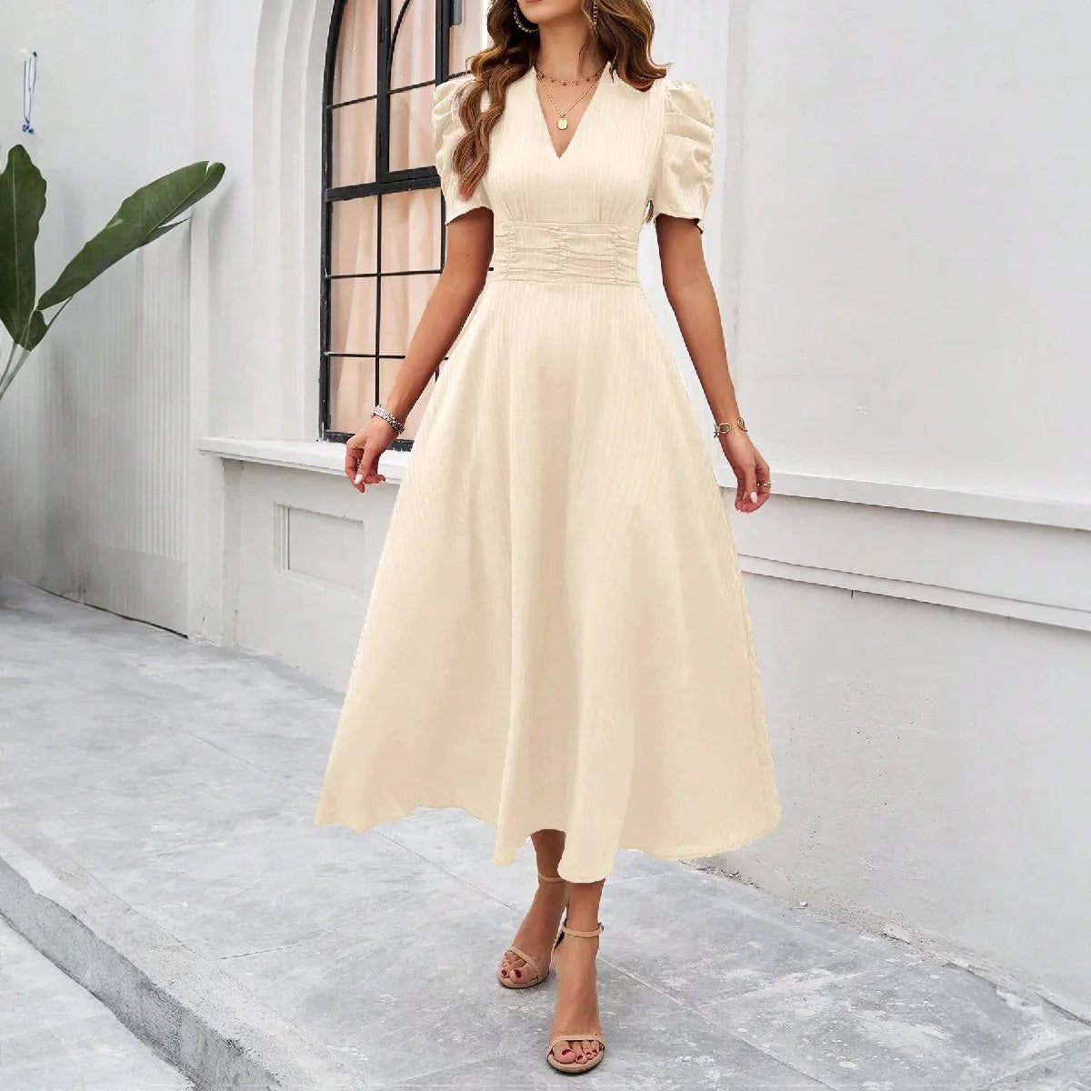 Solid Color Casual Slim Long Dresses For Women Fashion Summer Women's Puff Sleeve A Line Midi Dress Elegant Vintage Female Dress