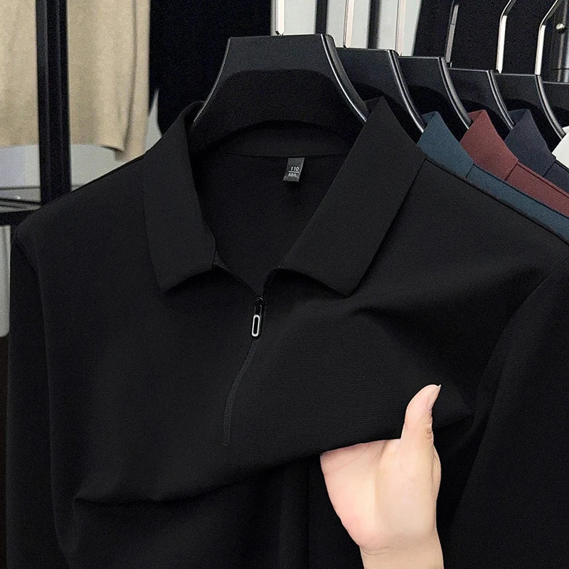 قميص بولو رجالي بأكمام طويلة وسحاب نصفي وياقة دائرية وقميص بولو فضفاض وغير رسمي خريف 2025 بلون نقي وقاعدة علوية