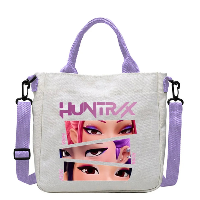 حقيبة قماشية للفتيات بتصميم صيادي أنمي شياطين من كيبوب، حقيبة يد مربعة أرجوانية بسيطة، حقيبة كتف متقاطعة، هدية عيد ميلاد