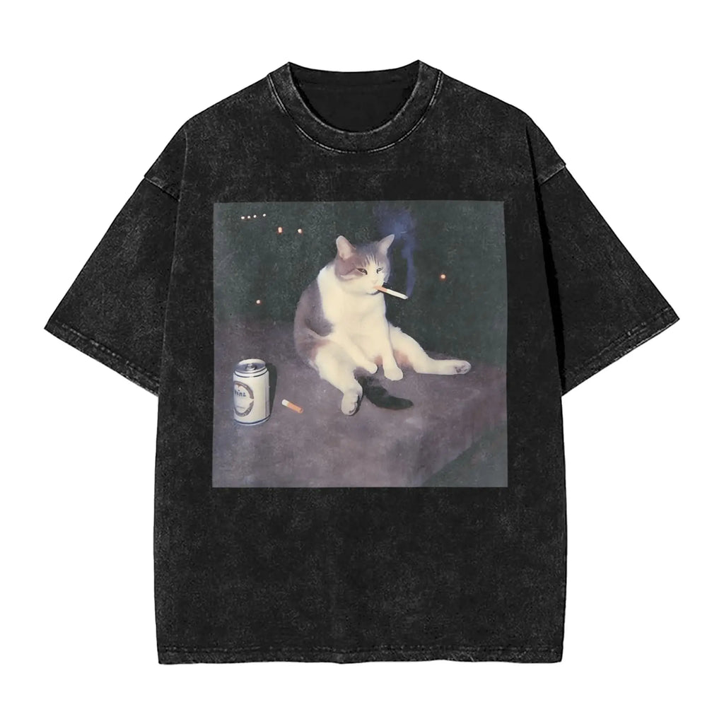 تي شيرت صيفي جميل من القطن بتصميم هاراجوكو للرجال بأكمام قصيرة، مطبوع عليه صورة قطة تدخن مضحكة