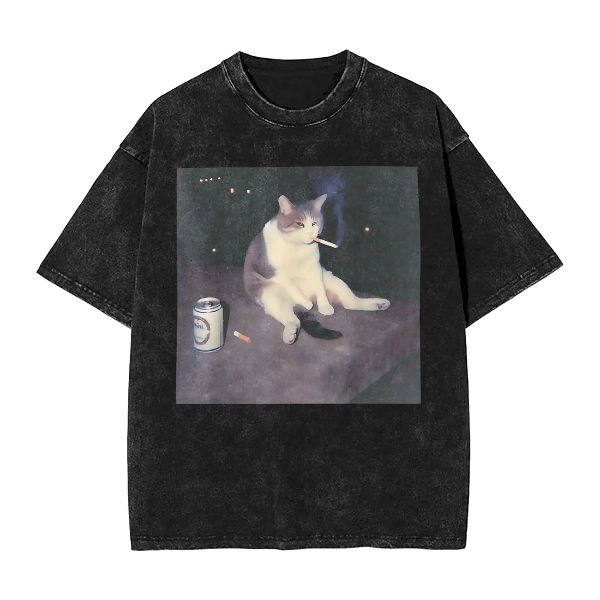 تي شيرت صيفي جميل من القطن بتصميم هاراجوكو للرجال بأكمام قصيرة، مطبوع عليه صورة قطة تدخن مضحكة
