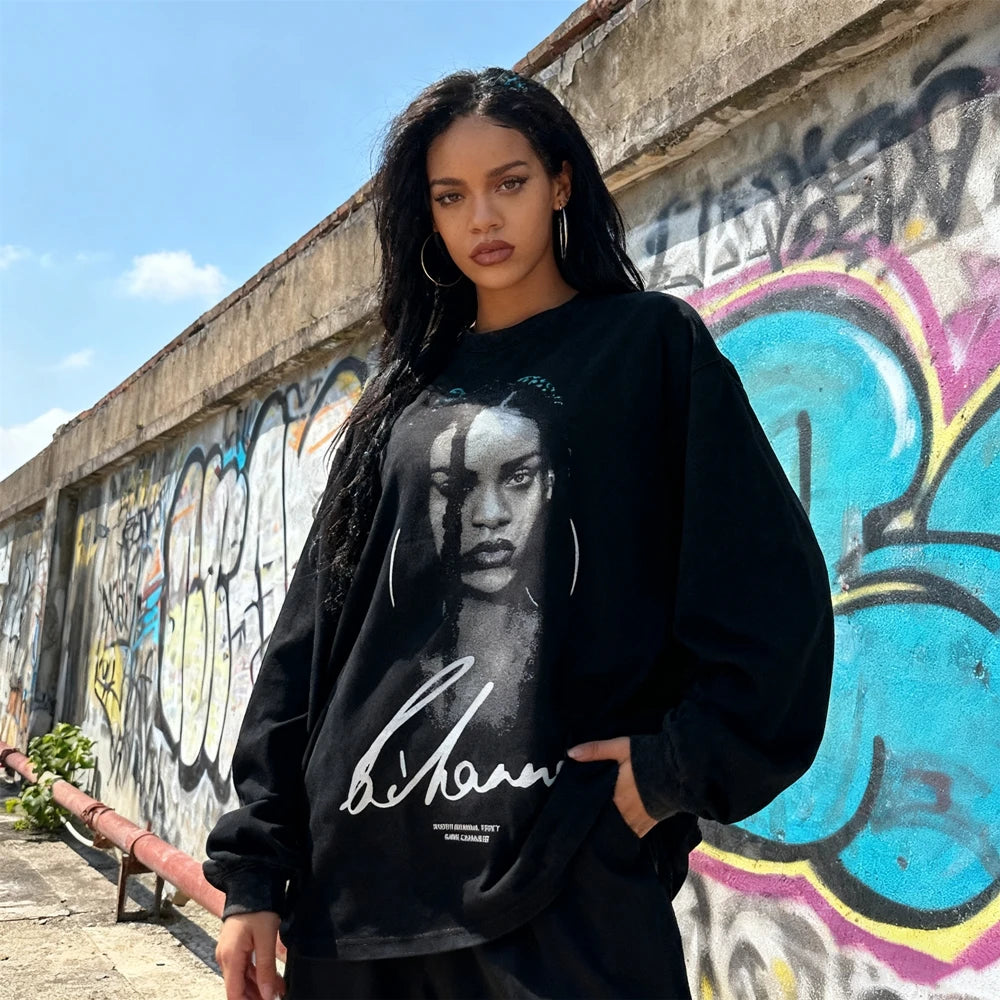 تي شيرت KUCLUT RIHANNA Fashion بأفضل جودة مطبوع عليه وجه كبير بأكمام طويلة ومقاس كبير فضفاض 100% قطن تي شيرت عتيق للرجال والنساء