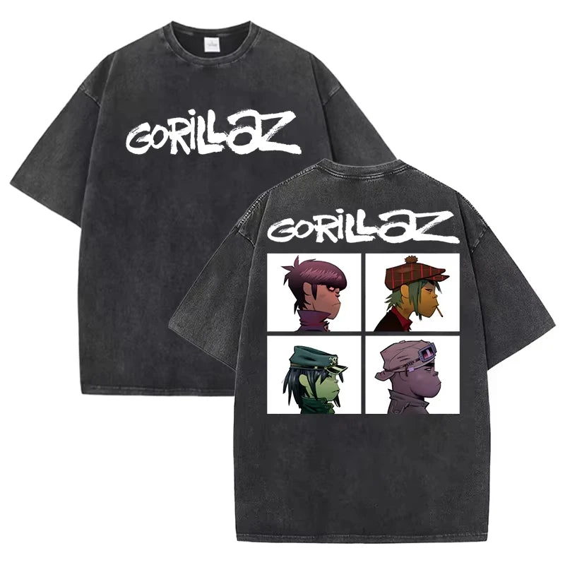 تي شيرتات Gorillaz Print للنساء/الرجال صيفية بأكمام قصيرة ورقبة مستديرة، تي شيرتات قطنية مغسولة برسومات مخصصة