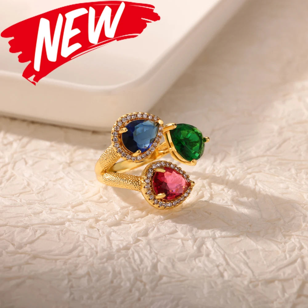 خاتم فاخر من الفولاذ المقاوم للصدأ مطلي بالذهب، مرصع بأحجار الزركون الكريستالية الملونة على شكل قلب، خاتم زفاف نسائي بوهيمي، هدية مثالية لعيد الميلاد
