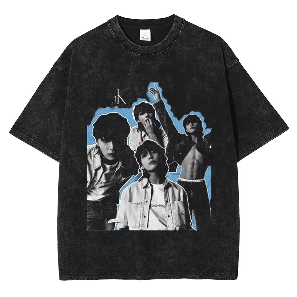تي شيرت رجالي ونسائي بأكمام قصيرة بتصميم قوطي من Streetwear Golden Moments Jungkooks Hip Hop Washed Vintage T-Shirt مقاس كبير بأكمام قصيرة من القطن للجنسين