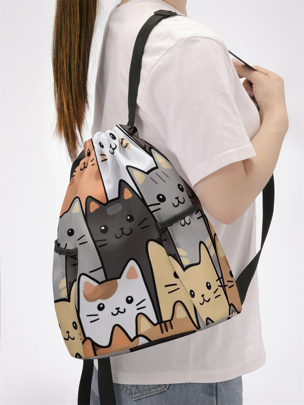 حقيبة ظهر برباط مطبوع عليها نمط قطة لطيفة - حقيبة لياقة بدنية متينة بسعة كبيرة، حقيبة ظهر رياضية للشاطئ