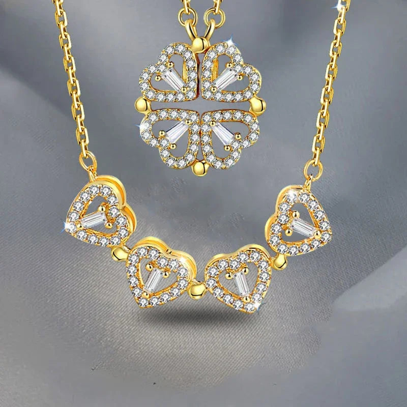 قلادات رومانسية على شكل زهرة البرسيم ذات الأربع أوراق للنساء، قلادة على شكل قلب حب مرصعة بالزركونيا المكعبة، مصنوعة من الفولاذ المقاوم للصدأ، مجوهرات