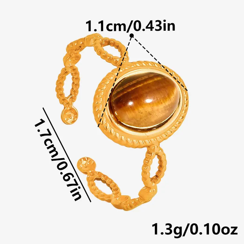 خاتم من حجر عين النمر الحقيقي على شكل قلب الشمس من الفولاذ المقاوم للصدأ، خواتم مفتوحة للنساء والرجال، إكسسوارات مجوهرات عتيقة مطلية بالذهب الحقيقي