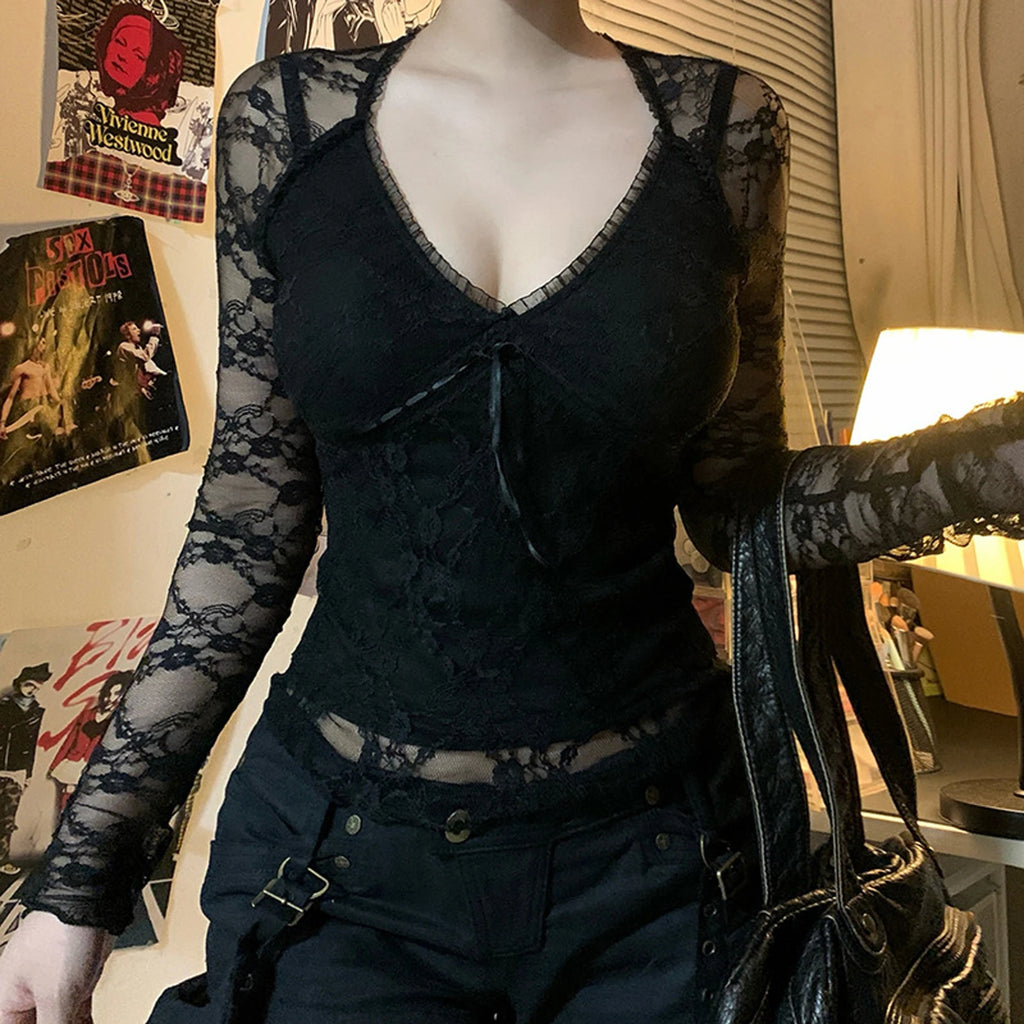 قمصان نسائية أنيقة من الدانتيل بأكمام طويلة ورقبة على شكل حرف V وربطة أمامية وقمصان ضيقة وملابس نادي الشارع