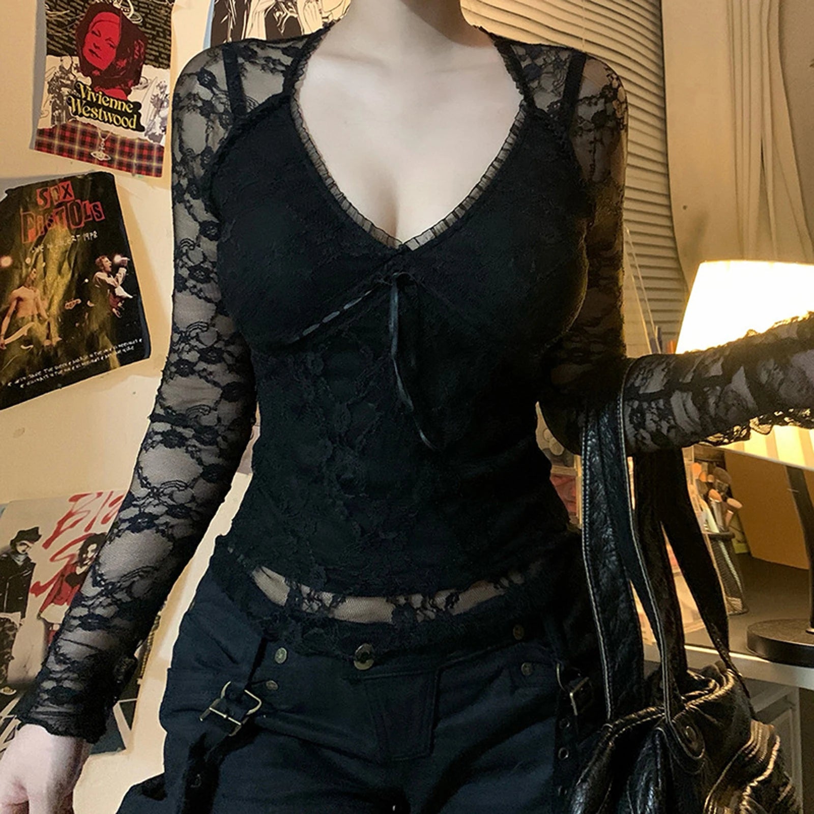 قمصان نسائية أنيقة من الدانتيل بأكمام طويلة ورقبة على شكل حرف V وربطة أمامية وقمصان ضيقة وملابس نادي الشارع