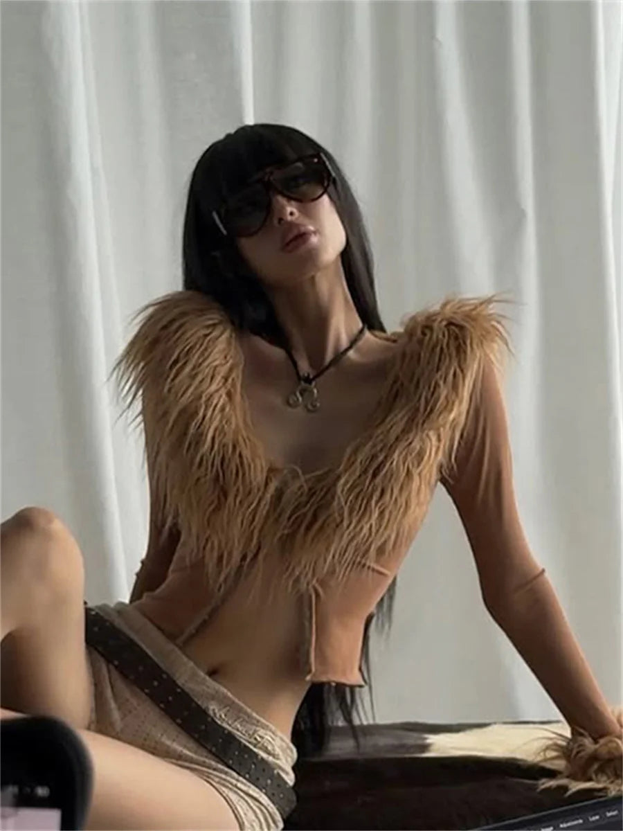 قميص Nibber Hottie المثير ذو المرقعة الفروية للنساء، رقبة على شكل حرف V وأكمام طويلة ومشبك معدني، قميص Wild Midnight Stretch Skinny Street Club