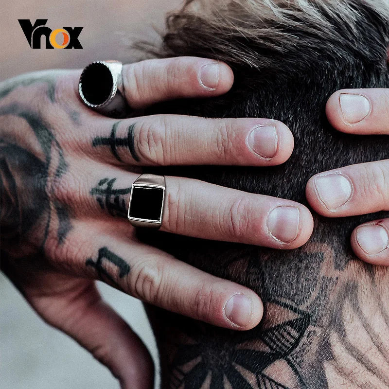 Vnox 12.5mm Signet Ring for Men, Black Square Top Stainless Steel Finger Band, Gothic Punk Rock Boy Stamp Rings