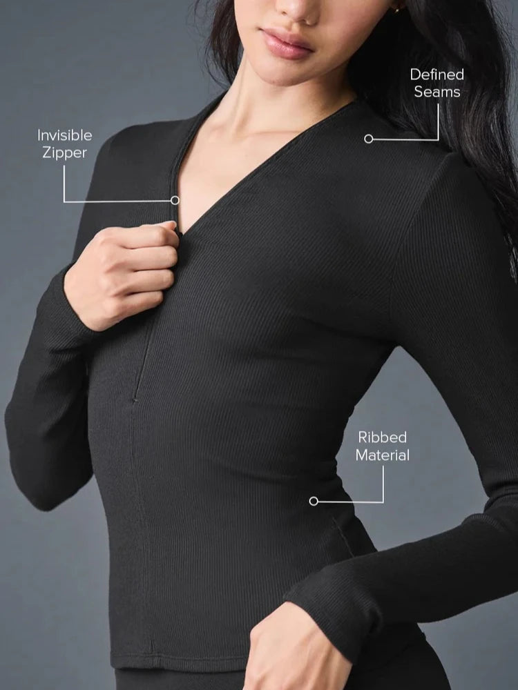 قميص نسائي رياضي خريفي برقبة على شكل حرف V وسحاب مضلع للياقة البدنية غير رسمي متعدد الاستخدامات بأكمام طويلة وقميص يوجا