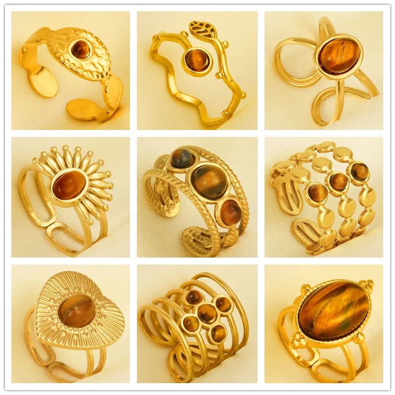 خاتم من حجر عين النمر الحقيقي على شكل قلب الشمس من الفولاذ المقاوم للصدأ، خواتم مفتوحة للنساء والرجال، إكسسوارات مجوهرات عتيقة مطلية بالذهب الحقيقي