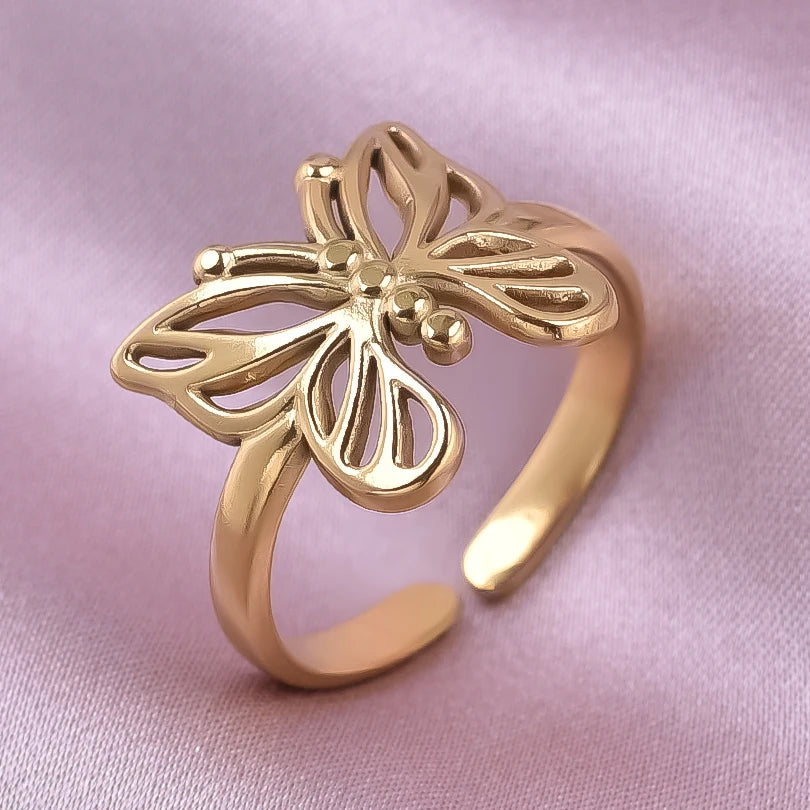خواتم من الفولاذ المقاوم للصدأ مطلية بالذهب الحقيقي، 1/5 قطع/مجموعة، إكسسوارات للنساء والرجال، خاتم مفتوح قابل للتعديل بتصميم فراشة وقلب سميك