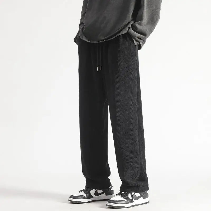2023 Autumn Winter New Corduroy Fleece Straight Leg Casual Pants Men Solid Waist Drawstring Pocket Loose Versatile Warm Trousers