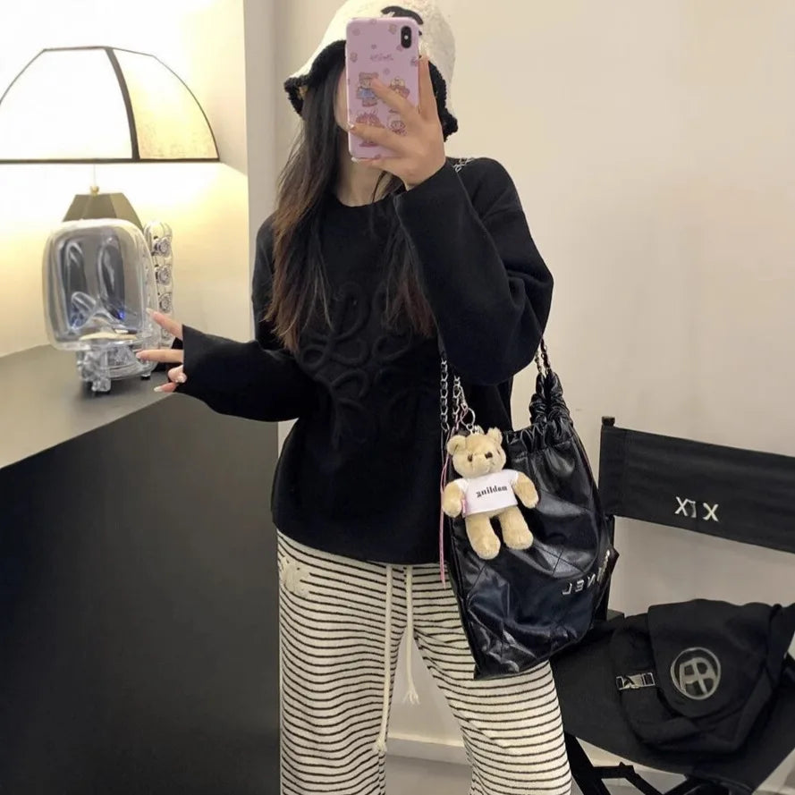 Ladies Casual Knitted 3D Embossed Hoodie Sweater Comfortable Midweight Long Sleeve round Neck Cotton Leisure Style