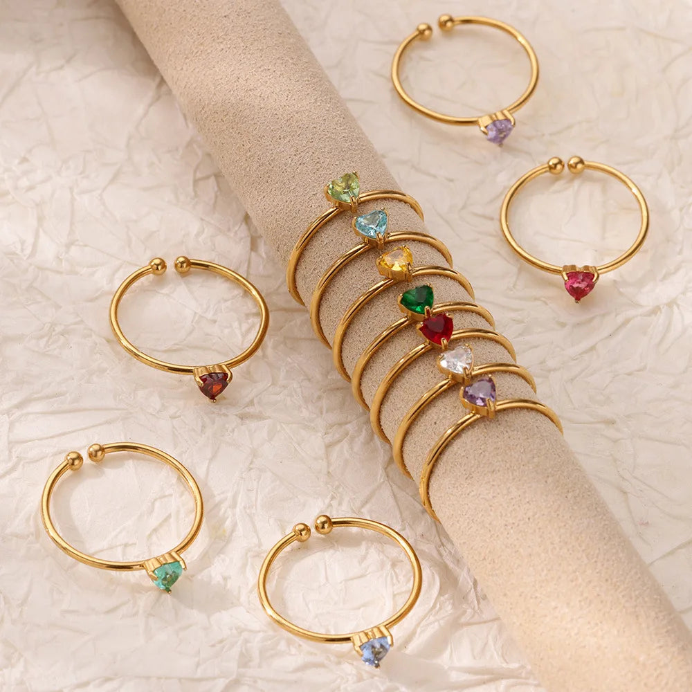 خواتم زركون على شكل قلب مرصعة بحجر الميلاد للنساء، لون ذهبي، قابلة للتعديل، مصنوعة من الفولاذ المقاوم للصدأ، خاتم على شكل قلب مرصع بحجر الميلاد، هدية مجوهرات زفاف، هدية للصديقة المقربة