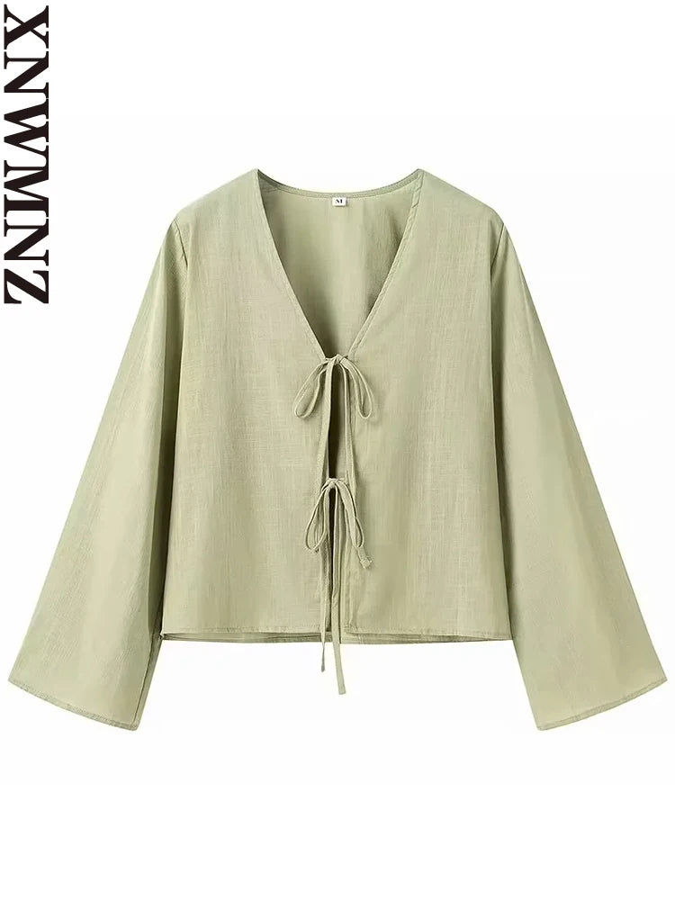 قميص نسائي أنيق من XNWMNZ 2024 برباط على شكل حرف V بأكمام طويلة وفتحة رقبة على شكل حرف V، بلوزة نسائية أنيقة متعددة الاستخدامات