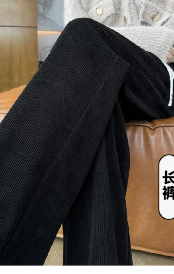 Fleece Lined Wide Leg Pants Women's Slim Straight Thick Corduroy Trousers Spring Autumn Winter New Style High Waist Long Pants
