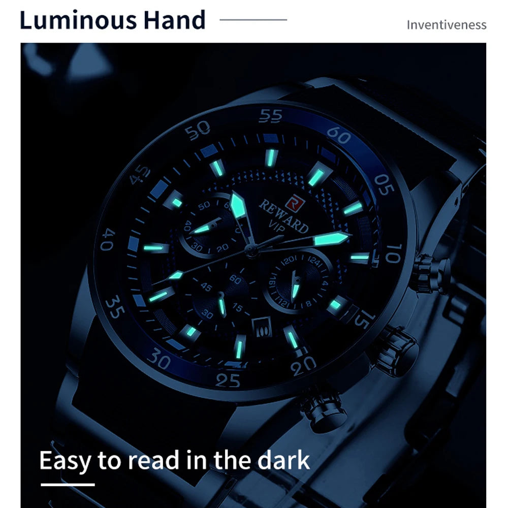 ساعات رجالية رياضية فاخرة من REWARD بمينا كبير ومقاومة للماء وساعة كوارتز كرونوغراف أوتوماتيكية مع تاريخ