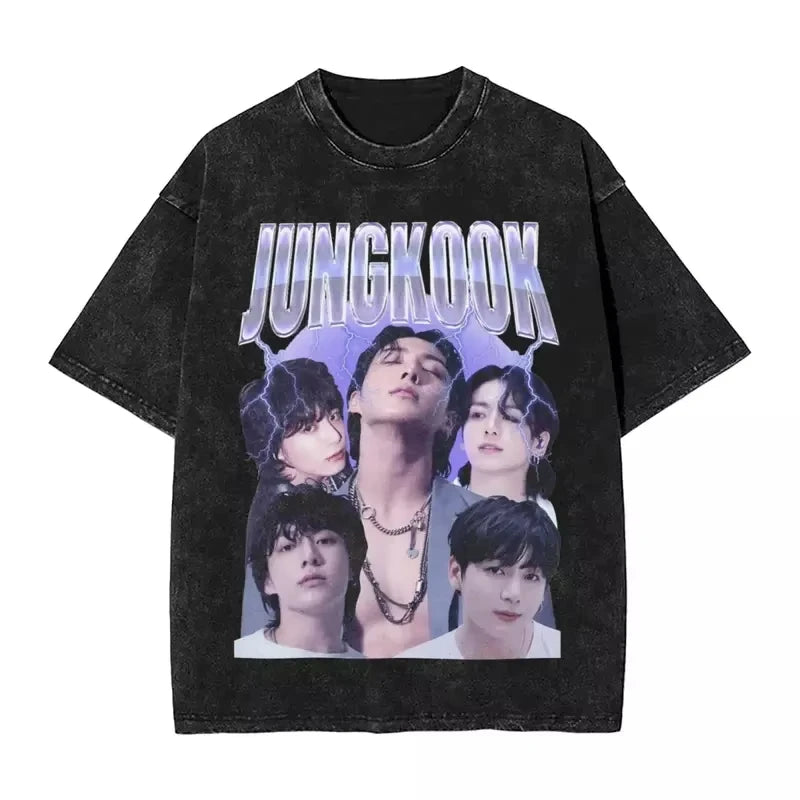 تي شيرت رجالي ونسائي بأكمام قصيرة بتصميم قوطي من Streetwear Golden Moments Jungkooks Hip Hop Washed Vintage T-Shirt مقاس كبير بأكمام قصيرة من القطن للجنسين