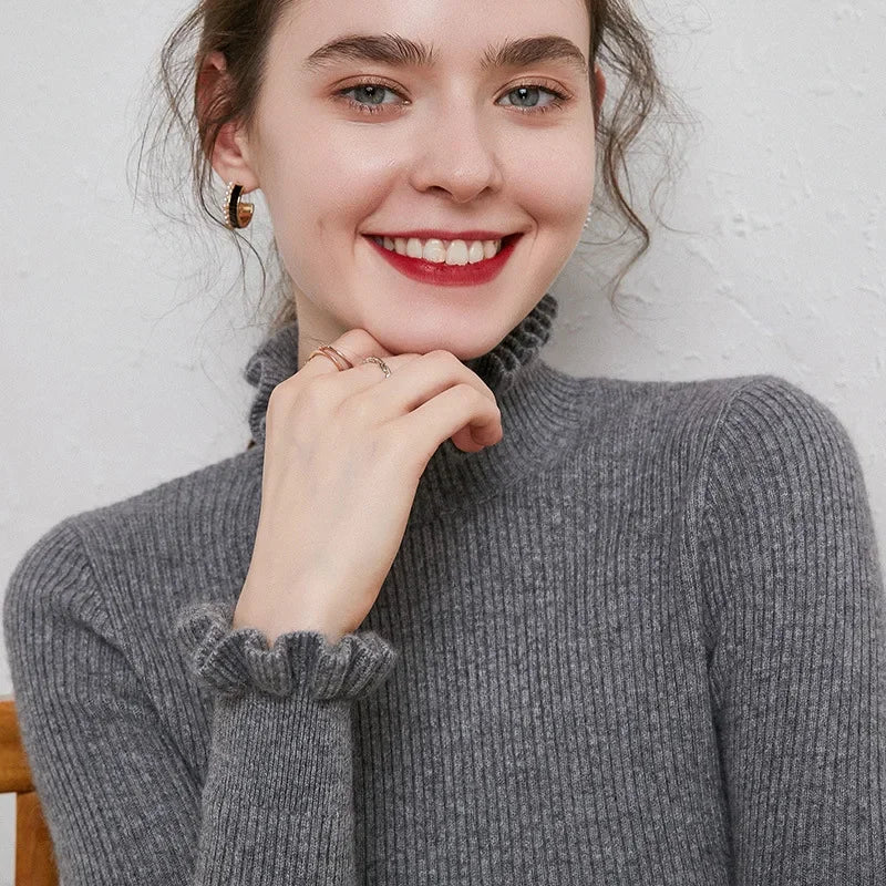 Autumn Winter Women's Knitted Sweater Floral Collar Inner Wear Tided Base Shirt Underwear Sweater Coat Top Pure Color Full Sleev