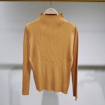 Miyake Pleated T-Shirt Woman Stand Collar Solid Color Loose Wild Full Sleeve Pullover Tops Causal Style Over Size Fall 2022 New