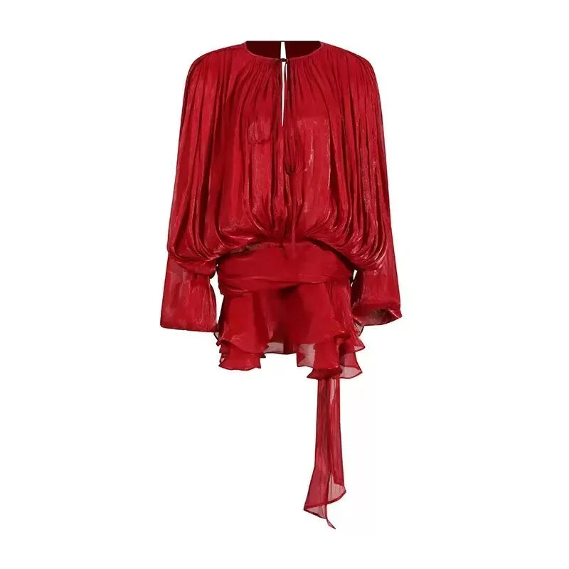 Elegant Solid Pleated Blouse Mini Dresses Women V Neck Lace Up Long Lantern Sleeve Dress 2025 Street Beach Vocation Short Robes