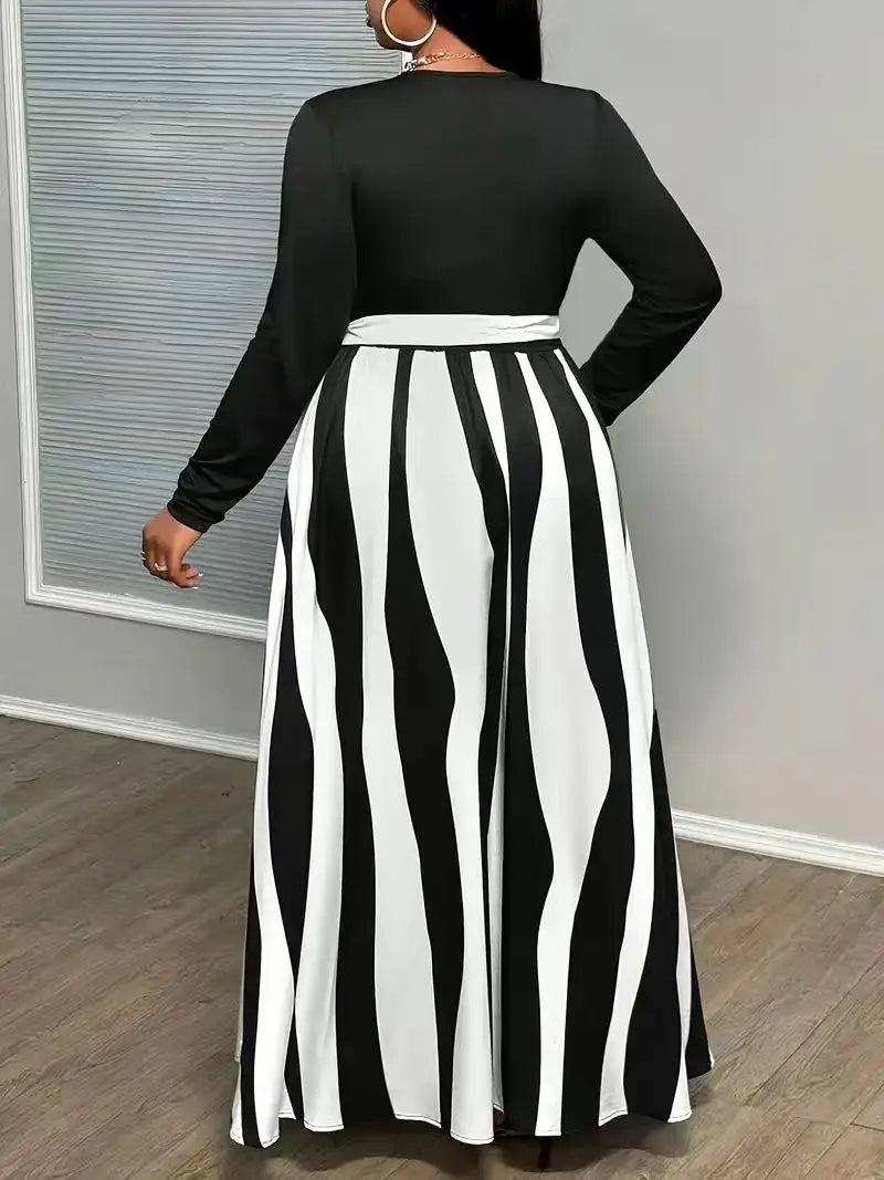 Plus-size women's V-neck elegant long-sleeved striped color-block dress