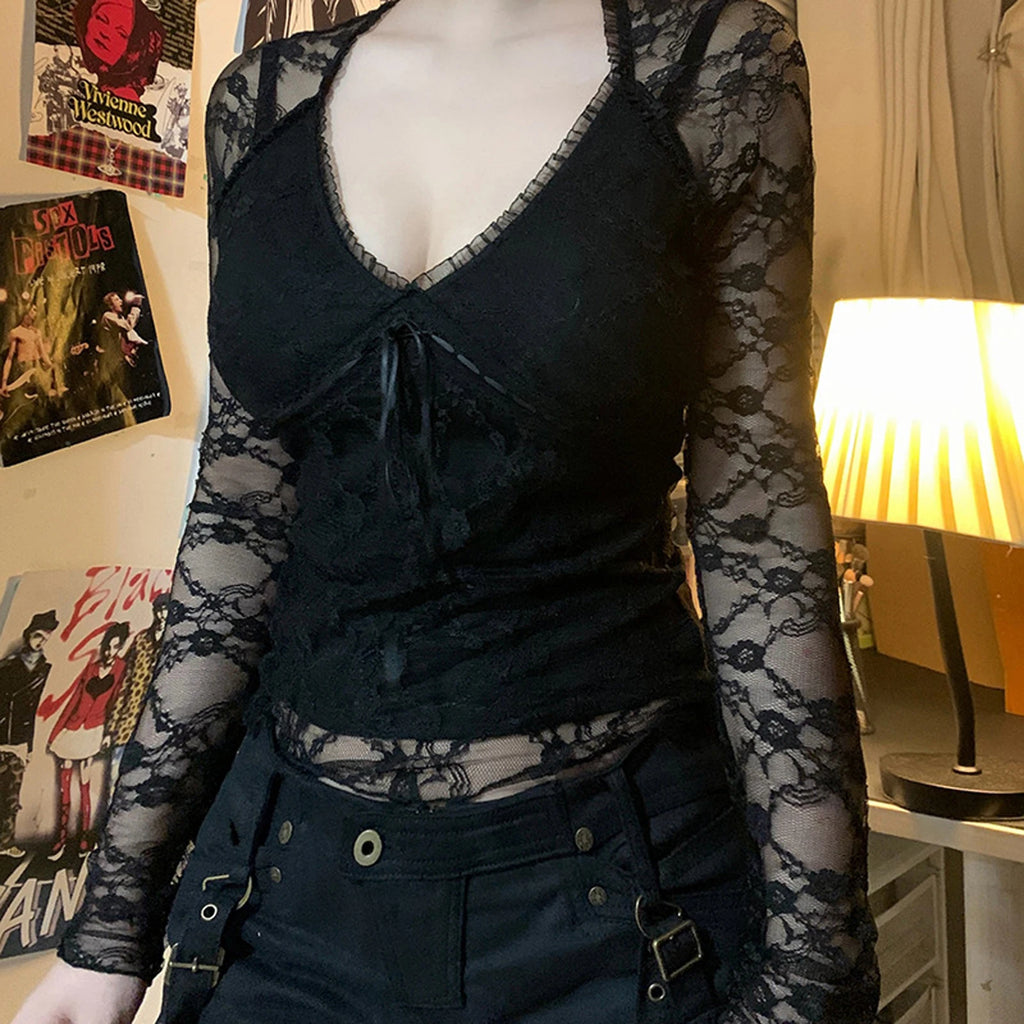 قمصان نسائية أنيقة من الدانتيل بأكمام طويلة ورقبة على شكل حرف V وربطة أمامية وقمصان ضيقة وملابس نادي الشارع