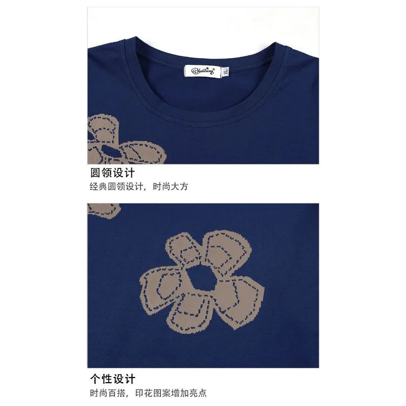 تيشيرت نسائي أنيق برقبة دائرية وأكمام متوسطة، فضفاض، مطبوع، بأكمام ثلاثة أرباع، قطعة علوية أنيقة ومتعددة الاستخدامات