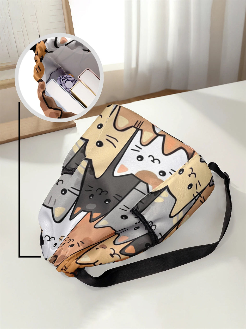 حقيبة ظهر برباط مطبوع عليها نمط قطة لطيفة - حقيبة لياقة بدنية متينة بسعة كبيرة، حقيبة ظهر رياضية للشاطئ