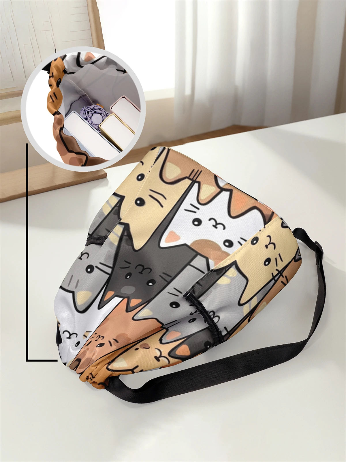 حقيبة ظهر برباط مطبوع عليها نمط قطة لطيفة - حقيبة لياقة بدنية متينة بسعة كبيرة، حقيبة ظهر رياضية للشاطئ