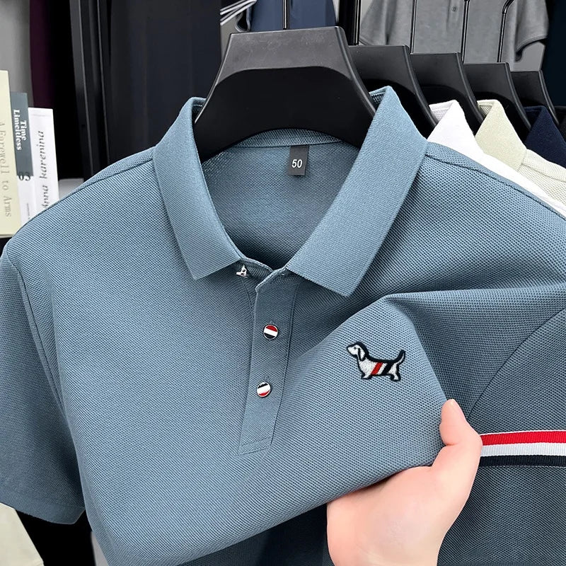 قميص بولو رجالي عالي الجودة، مخطط برسومات كرتونية، بأكمام قصيرة، مناسب للعمل، صيفي، مناسب للصيف، مصنوع من القطن بنسبة 100%